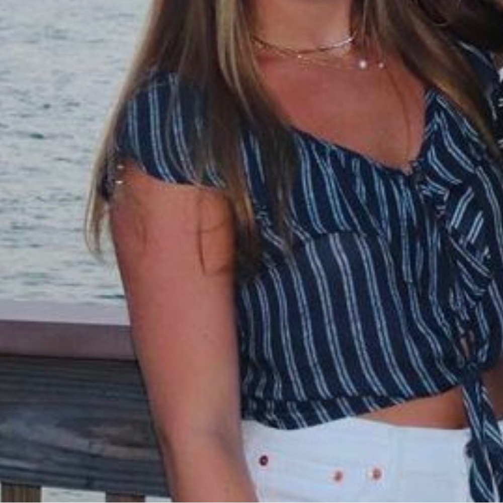 blue and white striped crop top